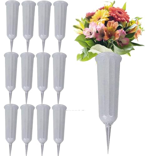 Cemetery Vases for Grave Flower Holder for Cemetery Vases with Spikes Cemetary Vase Grave Flower Holder Plastic Vase for Cemetery Flowers 12 Pack - color: Gray