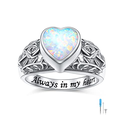 Heart Opal Sunflower Roseflower Tree of Life Urn Ring for Ashes 925 Sterling Silver Cremation Jewelry Ashes Keepsake Ring for Women Memorial Jewelry Bereavement Ring Size 5-10 - color: Heart Opal
