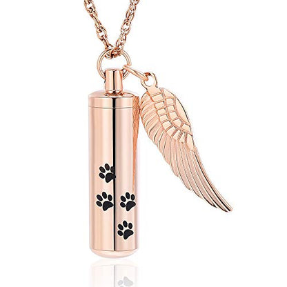 shajwo Cremation Jewelry Paw Print Urn Necklaces for Human Pet Ashes Cylinder Urn Pendant Keepsake Memorial Ash Locket Holder Necklace for Men Women - color: Rose Gold