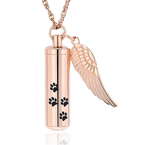 shajwo Cremation Jewelry Paw Print Urn Necklaces for Human Pet Ashes Cylinder Urn Pendant Keepsake Memorial Ash Locket Holder Necklace for Men Women - color: Rose Gold