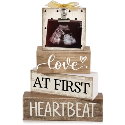 CroBlissful 4 Pcs Ultrasound Picture Frame Gender Reveal Gifts for Parents Wooden Sonogram Pregnancy Keepsake Love at First Heartbeat Pregnancy Gifts for Expecting Dad Mom, Baby Shower Decor - color: Multicolor, style: First Heartbeat