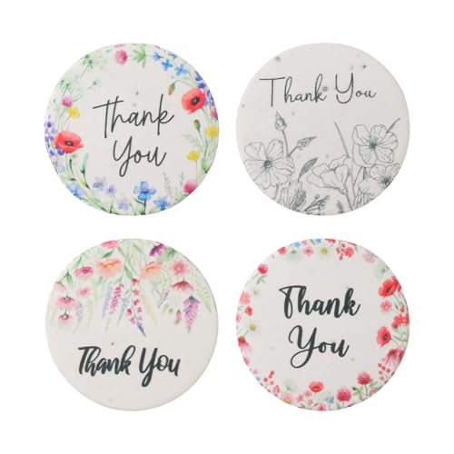 48 Plantable Round Thank You Tags, 4 Floral Designs | Includes 4 floral designs, 12 of each; writable tags for birthdays, weddings, bridal showers, gifts, favors, and wrapping - style: 48 Round Tags
