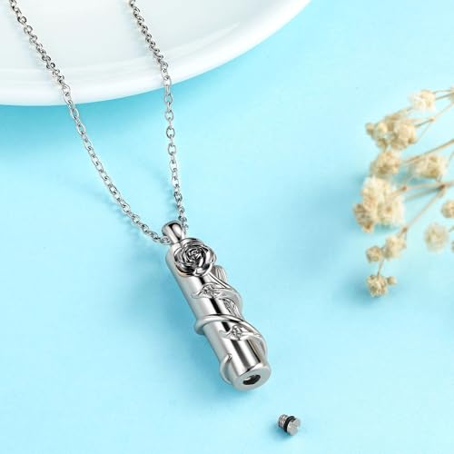 Rose Flower Urn Necklace for Ashes Stainless Steel Cylinder Ash Holder Pendant Cremation Jewelry for Ashes - color: Black