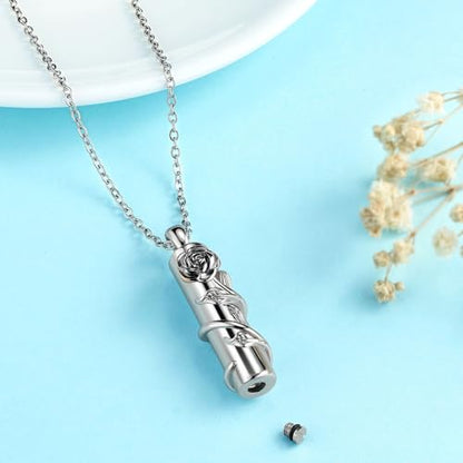 Rose Flower Urn Necklace for Ashes Stainless Steel Cylinder Ash Holder Pendant Cremation Jewelry for Ashes - color: Black