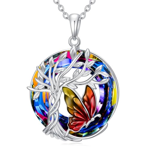 TOUPOP Butterfly Necklace for Women 925 Sterling Silver Tree of Life Butterflies Dragonfly Hummingbird Pendant Necklaces Crystal Jewelry Anniversary Christmas Birthday Gift for Her - color: Butterfly Red