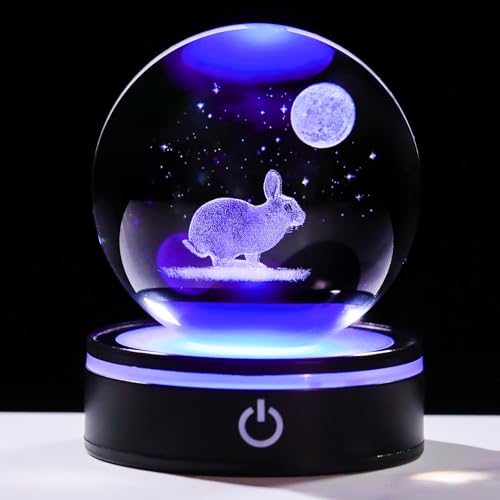 YWHL 3D Crystal Ball Moon Rabbit Figurine with Colorful LED Base, Bunny Gifts for Women Men on Birthday Christmas Rabbits Statue Glass Animal Bunny Statue Night Light for Home Decor (80mm) - color: Moon Rabbit