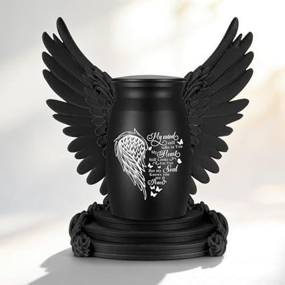 Abooxiu Small Urns for Human Ashes 2.76 Inches Mini Urn Aluminium Small Keepsake Urns with Angel Wings, Memorial Cremation Urn with 3D Printed Wing Frame, Sympathy Remembrance Urn for Loved One, Black