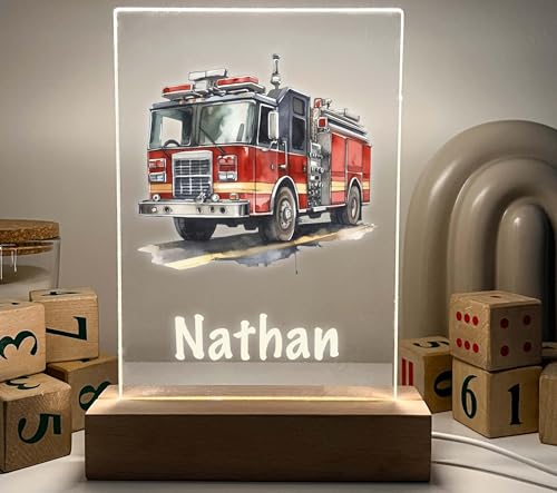 MIRROR MANIA Personalized Fire Engine Truck LED Night Light - Custom Acrylic Lamp with Wooden LED Base, Firefighter Gift, Fire Truck Bedroom Decor, Nursery Lamp for Kids, Handcrafted in USA