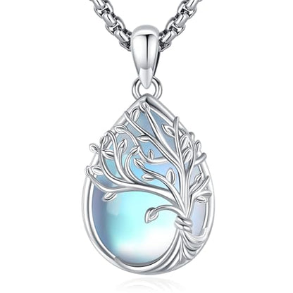 Sterling Silver Tree of Life Necklace for Women Oval Family Tree Necklace Abalone Shell Moonstone Pendant Mother Day Necklace for Mom Tree of Life Jewelry - style: Tree of Life-Moonstone-2
