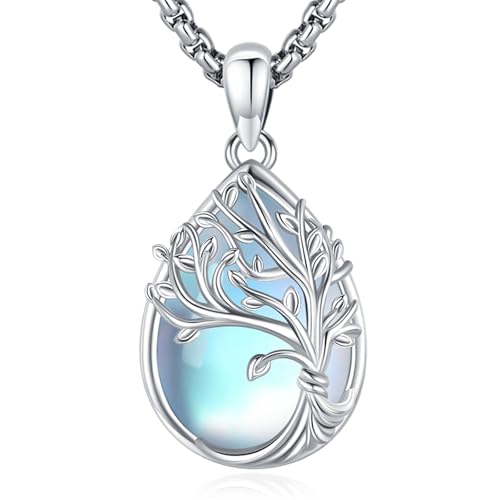 Sterling Silver Tree of Life Necklace for Women Oval Family Tree Necklace Abalone Shell Moonstone Pendant Mother Day Necklace for Mom Tree of Life Jewelry - style: Tree of Life-Moonstone-2