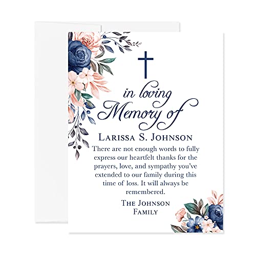 Navy Blue Floral In Loving Memory Funeral Thank You Cards with Cross - color: Navy Blue