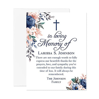 Navy Blue Floral In Loving Memory Funeral Thank You Cards with Cross - color: Navy Blue