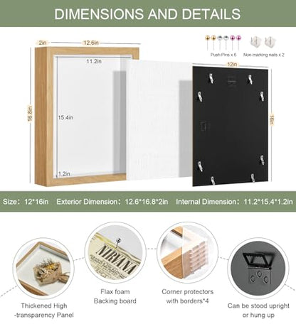 12x16 Large Shadow Box Frame with Thickened Acrylic Panel & Pins - color: Wood Color+foam Back+foam Packaging, size: 12x16