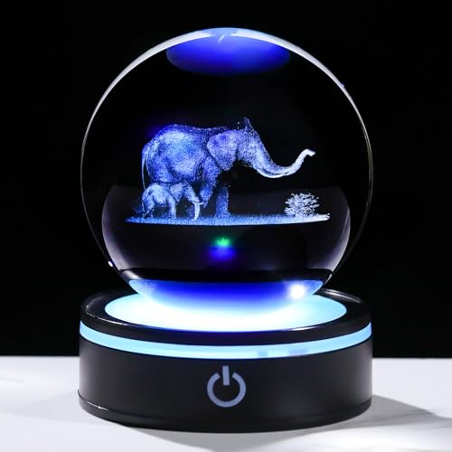 YWHL 3D Elephant Crystal Ball Figurine with Colorful Light Base, Elephant Gifts for Mom Women Men Elephants Lovers, Decorative Elephants Ball Glass Animal Globe Night Light for Home Decor (80mm) - color: Two Elephants