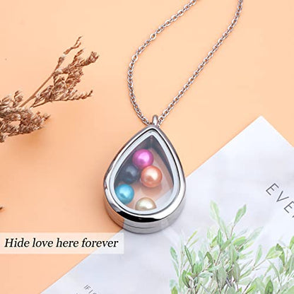 2PCS 30MM Floating Charm Locket Necklace with 6 Freshwater Pearls/Beads,316L Stainless Steel Clear Glass Locket,Small Waterproof Living Memory Pendant for Women(Without Chain) - color: Teardrop