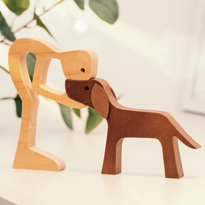 DOPTIKA Wooden Man and Dogs Figurines Home Decor, Wood Pet Carving Gifts for Men, Dog Statue for Bedroom Office Bookshelf Decor, Wooden Dog Memorial Gifts for Loss of Dogs