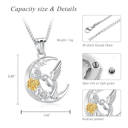 XSMZB Hummingbird Urn Necklace for Ashes of Loved One Rose Flower Moon Cremation Jewelry Ashes Holder Keepsake Pendant for Women Men - color: Silver-Gold