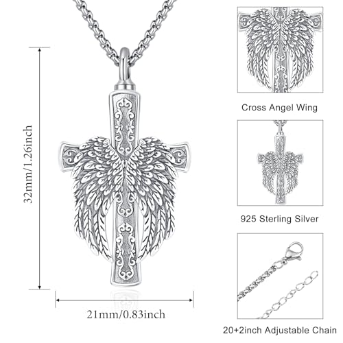 Aniu S925 Sterling Silver Urn Necklace Cremation Jewelry for Ashes - color: Cross Angel Wing-C