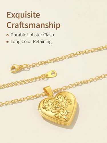 FindChic Locket Necklace for Women Custom Photo Memorial Gifts Multi-Shaped | Silver/Black/Rose Gold/Gold Plated Personalized Gifts for Loved Ones, Birthday Valentine's Day Keepsake - color: Gold-Embossed Heart