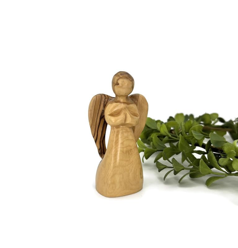 Praying Angel Figurine, Olive Wood Guardian Angel Figurine Handmade in the Holy Land, Angel Decorations for Home, Encouragement Present, Angel for Sympathy Gift, Remembrance Angel Statue