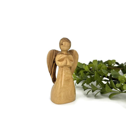 Praying Angel Figurine, Olive Wood Guardian Angel Figurine Handmade in the Holy Land, Angel Decorations for Home, Encouragement Present, Angel for Sympathy Gift, Remembrance Angel Statue