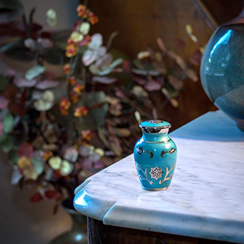 Grace Turquoise Keepsake Cremation Urn for Ashes, Brass, Blue Green Urn, Keepsake Sized Cremation Urn, 3 Inches High - color: Turquoise