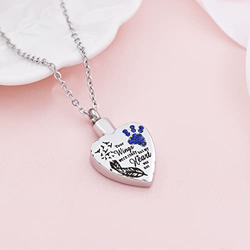 Fashion Pet Cremation Jewelry Stainess Steel Heart Keepsake Ashes Necklace Dog Cat Paw Memorial Urn Pendant - color: Silver-Feather-Dark Blue