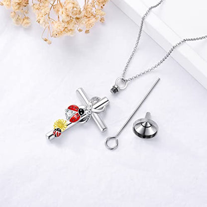 Cross Urn Necklace for Ashes 925 Sterling Silver Cremation Jewelry with Funnel Filler Kit Ashes Necklace for Human Women Girl Pets - color: G_Ladybug Urn Necklace, style: Non-personalized