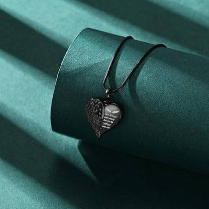 Love Heart Cremation Jewelry Urn Necklaces Wing Urn Necklaces for Ashes Memorial Keepsake Pendant for Women Men Gifts With Funnel Kit & Bag - color: Black
