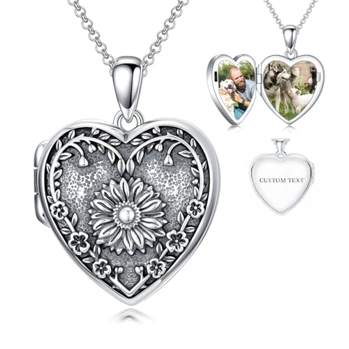 Heart Locket Necklace 925 Sterling Silver Custom Photo Pendant That Holds Pictures Memorial Jewelry Gifts for Women Mom Daughter - color: Sunflower, style: 3-photo&text customized