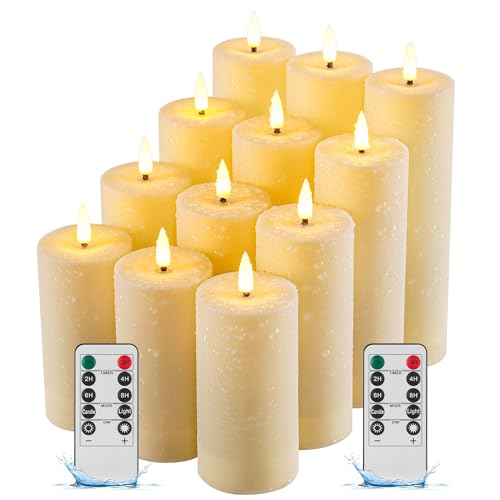 Da by 12 Pack Waterproof Ivory Flameless Taper Candles, Black Wick Flickering ABS LED Candles, Heat Resistant Battery Candles with 2 Remotes, Assorted 5/6/7/8 Inch for Indoor Outdoor Decor - color: Simulated wick#12, size: 12-Pack