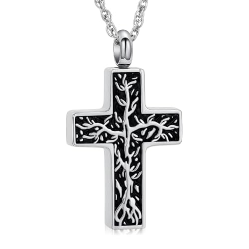 shajwo Tree of Life Cross Cremation Jewelry Urn Necklaces for Ashes | Memorial Ashes Pendant Necklace of Loved One Women Men Ashes Keepsake Necklace - color: Silver