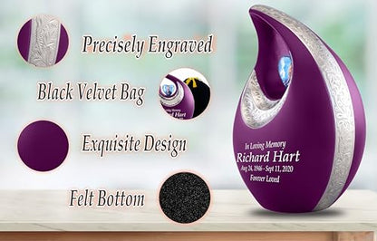 Personalized Photo & Text Purple Teardrop Cremation Urns for Adult Ashes Male Female - 156 Lbs Burial Urns for Human Ashes - Handcrafted Funeral Decorative Urn for Adult with Velvet Bag - size: 156 Lbs Adult Urn