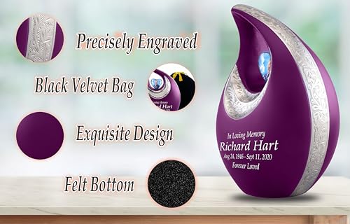 Personalized Photo & Text Purple Teardrop Cremation Urns for Adult Ashes Male Female - 220 Lbs Burial Urns for Human Ashes - Handcrafted Funeral Decorative Urn for Adult with Velvet Bag - size: 220 Lbs Adult Urn