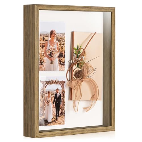 11x14 Shadow Box Frame with Ultra-Clear Glass & Soft Linen Back | With Push Pins and Stand, Deep 1.5" Brown Shadow Box Display Case – Display on Tabletop or Wall for Photo, Wedding, Keepsake - color: Brown+high Definition Panel + Shatter-proof Packaging,