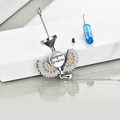 Heart/Cross/Infinity Moonstone Urn Necklace for ashes for Women Sterling Silver Dainty Cremation Jewelry Trendy Ashes Keepsake Memorial Gift for Mother/Grandma/Sister/Husband - style: Sunflower