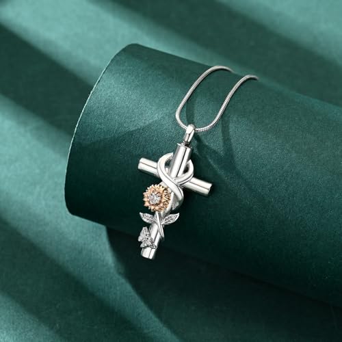 Cross Sunflower Cremation Jewelry Urn Necklaces Cross Urn Pendant Necklaces for Ashes Memorial Keepsake Pendant for Women Men Gifts With Funnel Kit & Bag - color: Customize