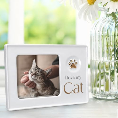 Malden International Designs 4x4 I love my Cat Ceramic Photo Frame White Charcoal Gray Metallic Gold