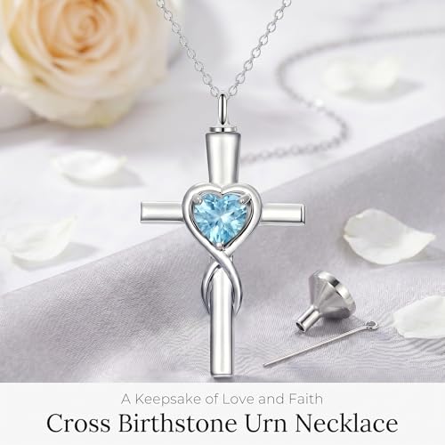 YYB Urn Necklace for Ashes Women Heart Birthstone Cross Cremation Jewelry | Memorial Keepsake Funeral Jewelry for Loved Ones (with Funnel Filler) - color: 03-Mar-Aquamarine