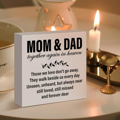 Memorial Sympathy Gifts for Loss of Parents Gifts for Loss of Loved One Mom Dad Father Mother Remembrance Bereavement Condolence Gifts Wooden Sign, Mom & Dad Together Again in Heaven - color: White-C