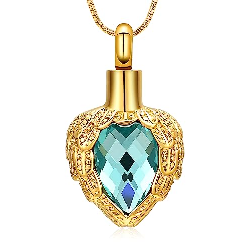 memorial jewelry Gold Angel Wings Glass Heart Urn Pet/Human Cremation Pendant Necklace Jewelry for Ashes - color: Blue