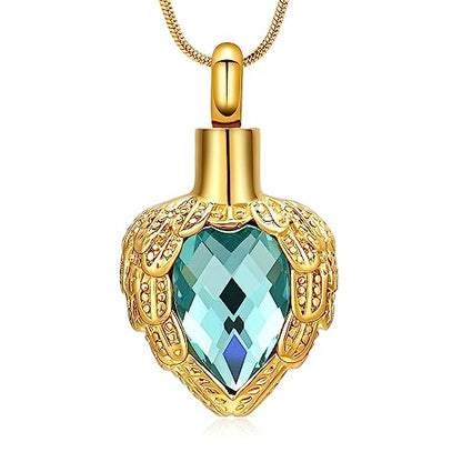 memorial jewelry Gold Angel Wings Glass Heart Urn Pet/Human Cremation Pendant Necklace Jewelry for Ashes - color: Blue