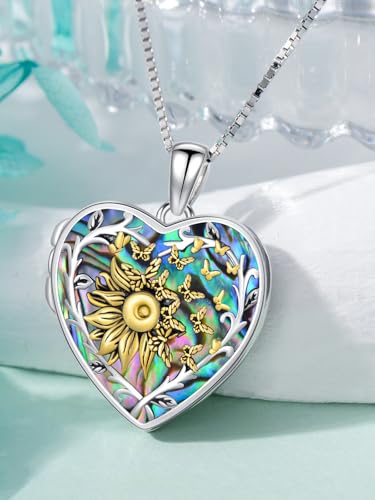 Dorunmo Locket Necklace 925 Sterling Silver Pictures Photo Keep Someone Near to You Custom Lockets Mother's Day Jewelry Personalized Photo Locket Gifts - color: L-Sunflower Butterfly-Abalone, style: Locket Only