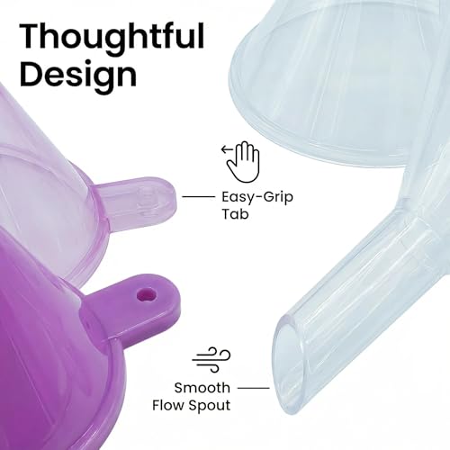 Mini Funnels 8-Pack with Spoon | Small Funnel Set for Filling Tiny Bottles, Essential Oils, Powder, Spices, Glitter | Food-Grade Plastic, Multicolor (Pink, Blue, Clear) for Crafts & Perfume