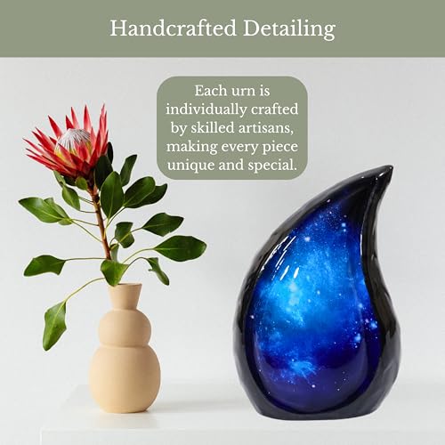 NORSE'S TRADECRAFT Teardrop Metal Urn for Ashes Adult Male & Female | Galaxy Design, Memorial Gifts with Velvet Bag, Large Cremation Urns, Handcrafted Memorial Box for Funeral, 200 cu in
