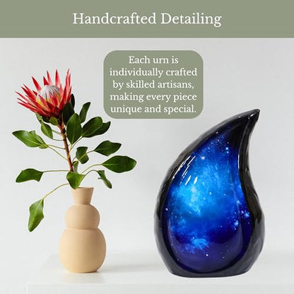 NORSE'S TRADECRAFT Teardrop Metal Urn for Ashes Adult Male & Female | Galaxy Design, Memorial Gifts with Velvet Bag, Large Cremation Urns, Handcrafted Memorial Box for Funeral, 200 cu in