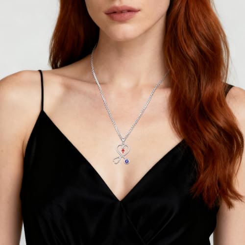 Angel Wings Necklace 925 Sterling Silver Guardian Angel Nurse RN Caduceus Pendant Charm Crystal Angel Jewelry Gifts for Women - style: H-Stethoscope-12-Dec.-Tanzanite