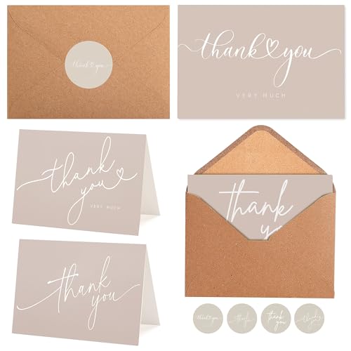 100 Bulk Khaki Thank You Cards with Kraft Envelopes and stickers - 4 Minimalistic Designs Blank Thank You Notes with Envelopes beige for business Wedding Bridal Gift Baby Shower Business Graduation - color: Khaki