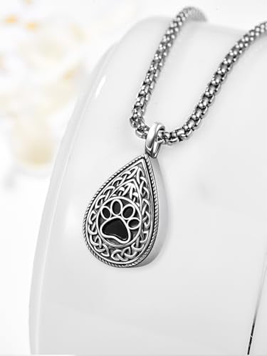 Pet Cremation Urn Necklace for Dog Cat Ashes 925 Sterling Silver Paw Print Keepsake Pendant Celtic Knot Memorial Jewelry for Women Men - style: 00D-Teardrop Urn-(Silver)