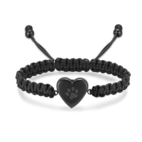 Oinsi Pet Cremation Jewelry Heart Urn Bracelet for Ashes for Women Men Dog Paw Memorial Bracelet for Pets Ashes Adjustable Rope Cremation Urn Pendant Bangle Keepsake-black - color: B-Black